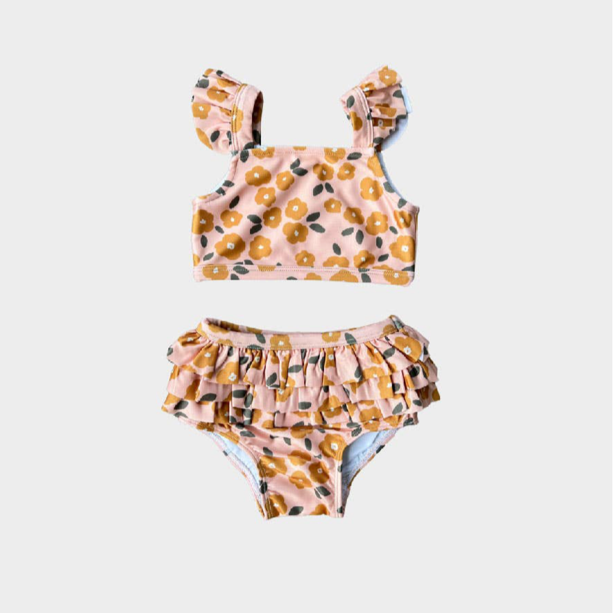 Girl's Two-Piece Ruffle Swim Set in Gold Floral
