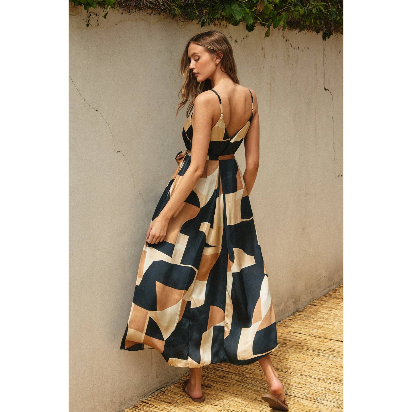 Geo Graphic Print Flared Satin Dress