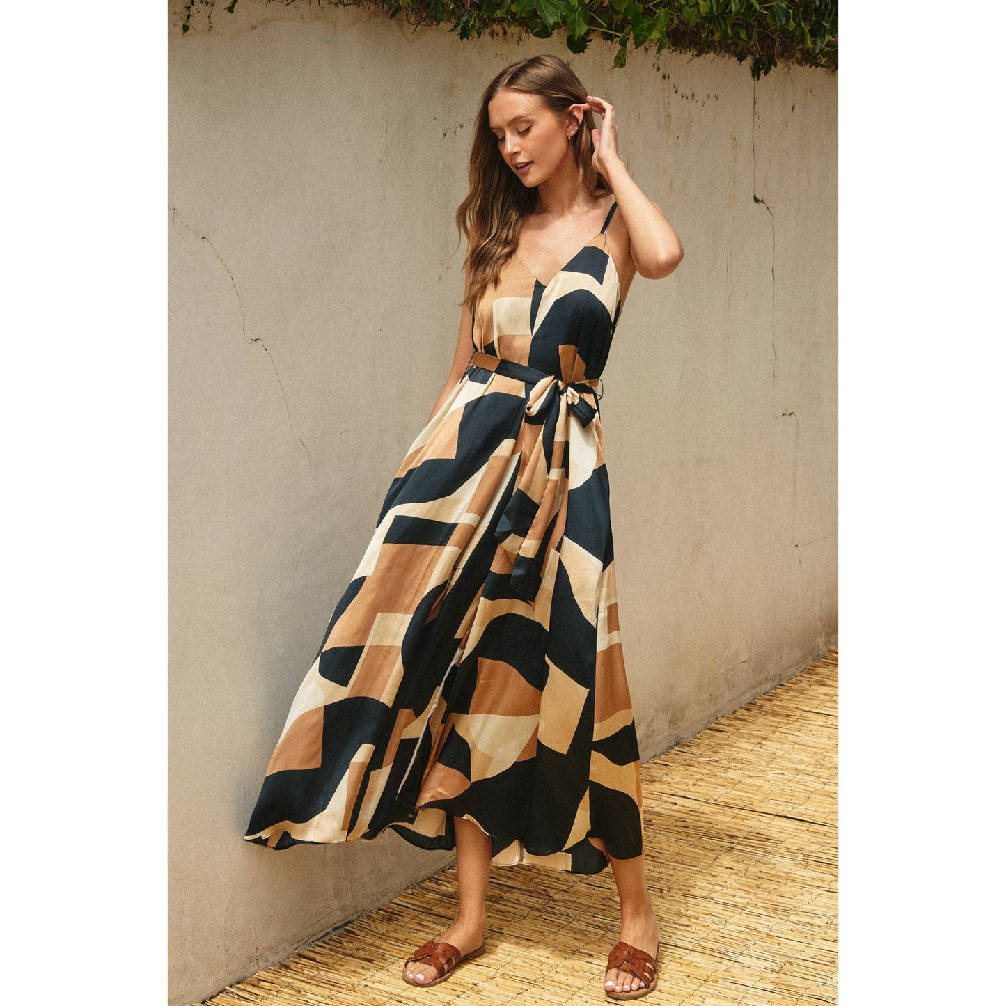 Geo Graphic Print Flared Satin Dress