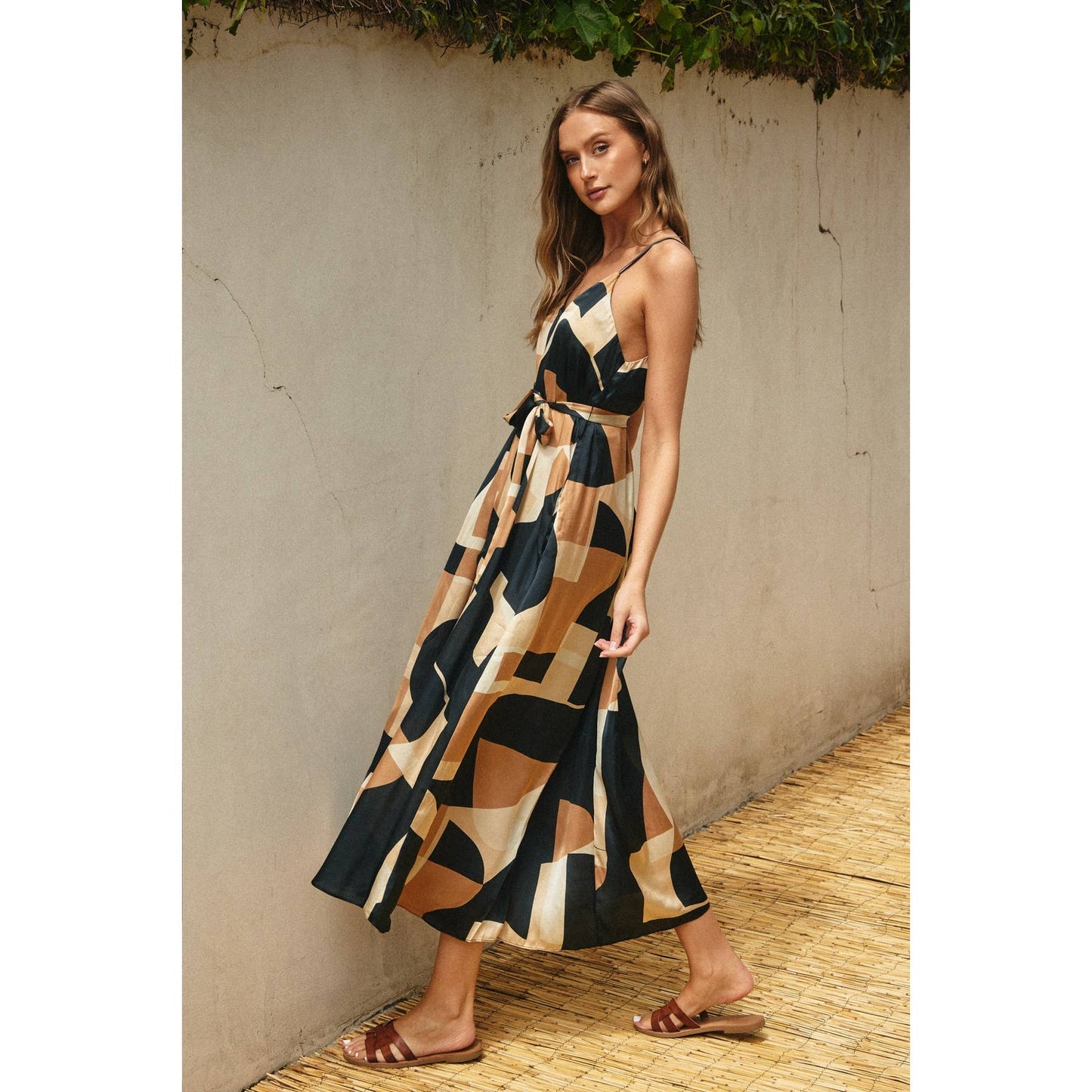 Geo Graphic Print Flared Satin Dress