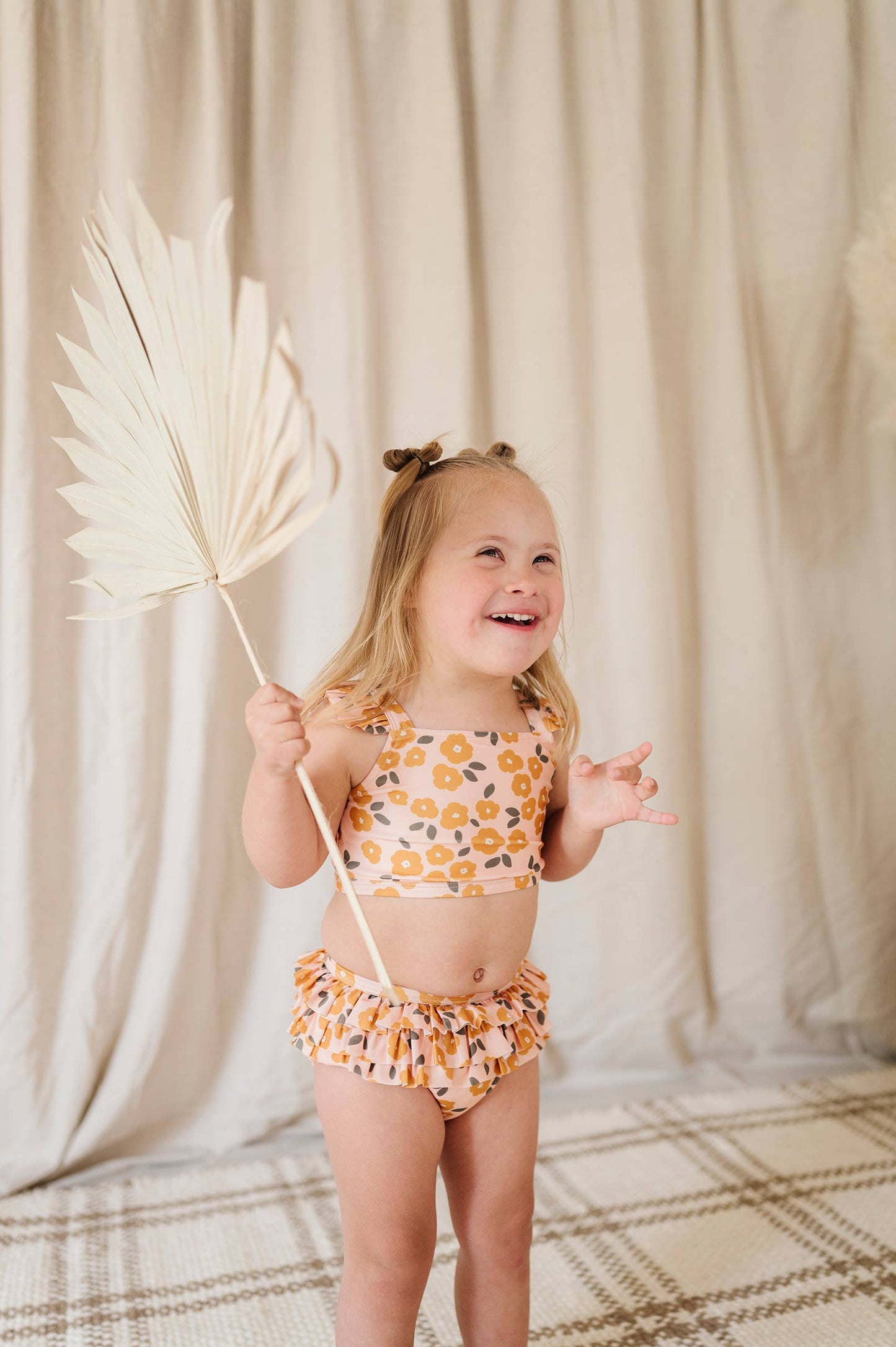 Girl's Two-Piece Ruffle Swim Set in Gold Floral