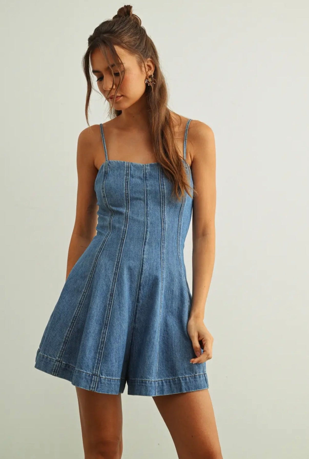Washed Denim Romper Dress with Pockets Washed Denim Romper Dress with Pockets