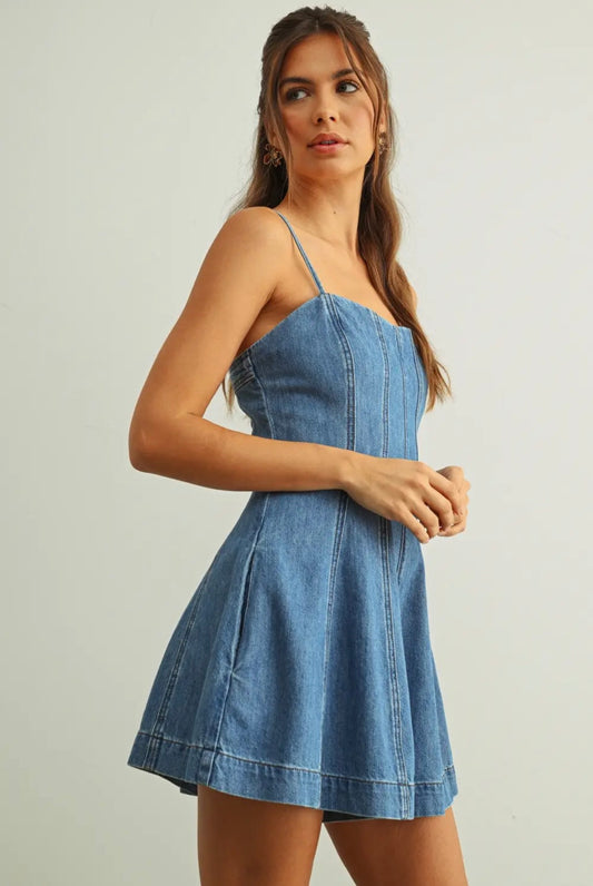 Washed Denim Romper Dress with Pockets