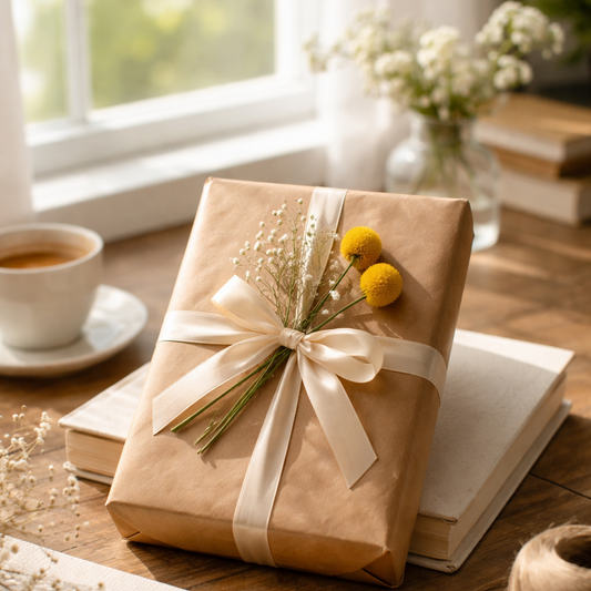 Gift Wrap with Flower, Ribbon, and Note