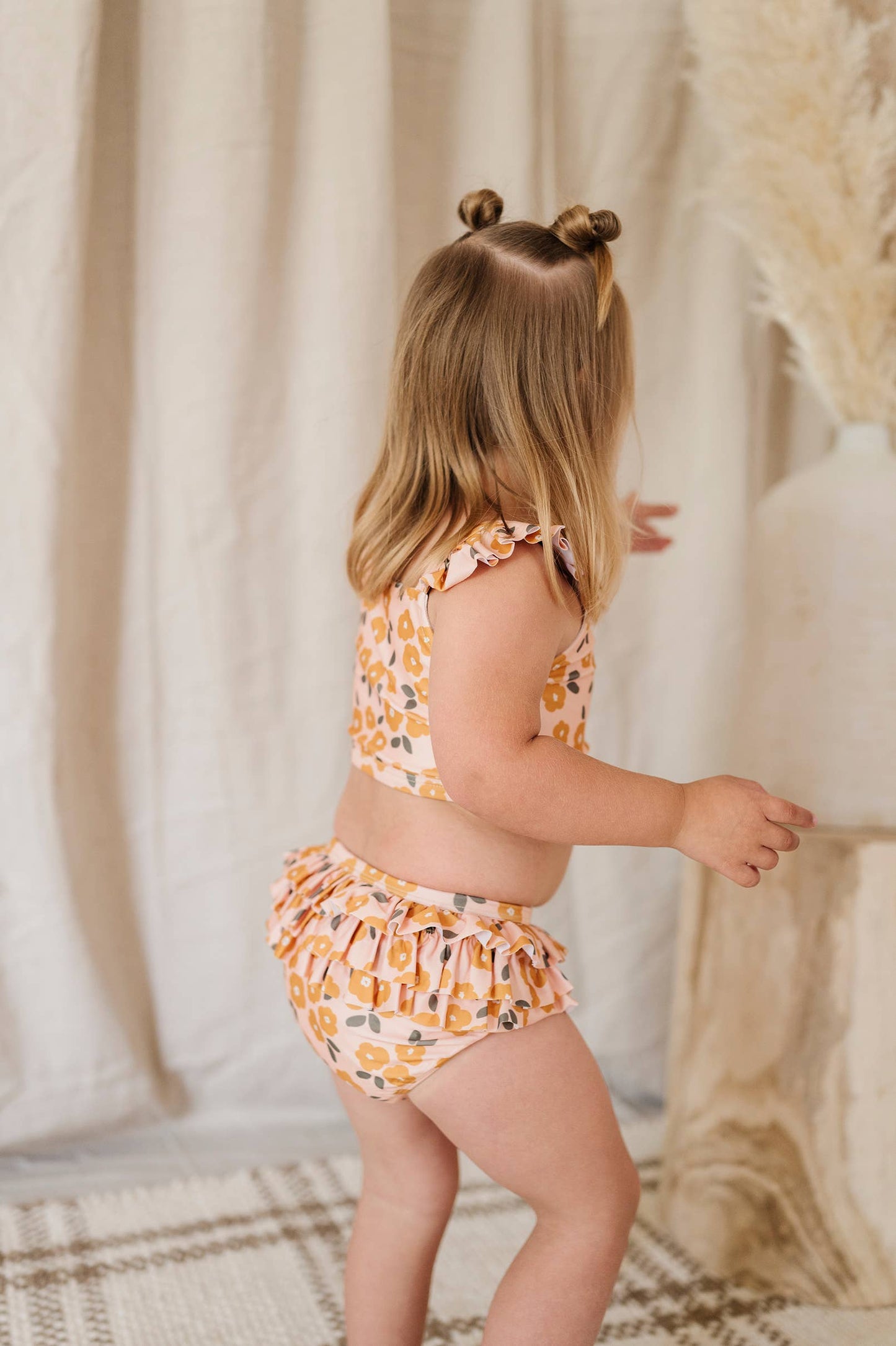 Girl's Two-Piece Ruffle Swim Set in Gold Floral