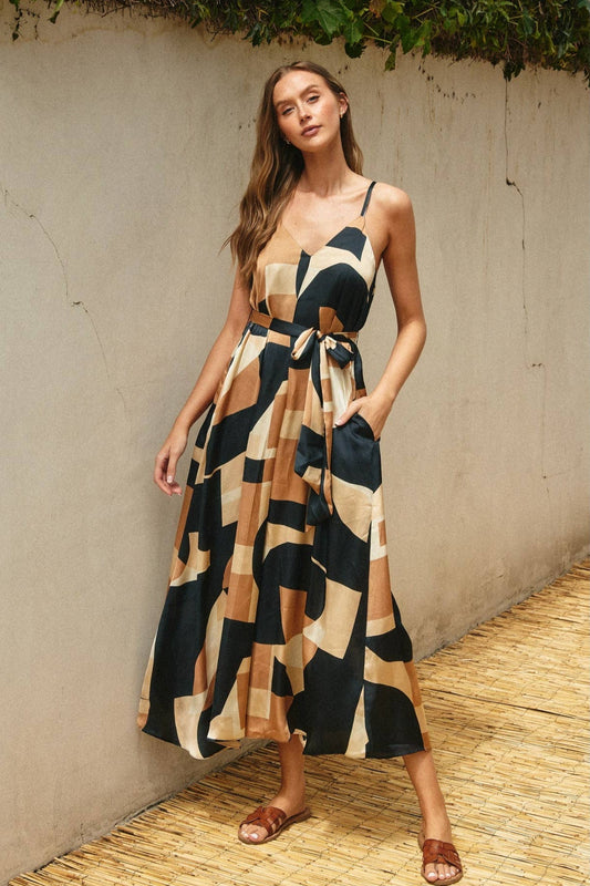 Geo Graphic Print Flared Satin Dress