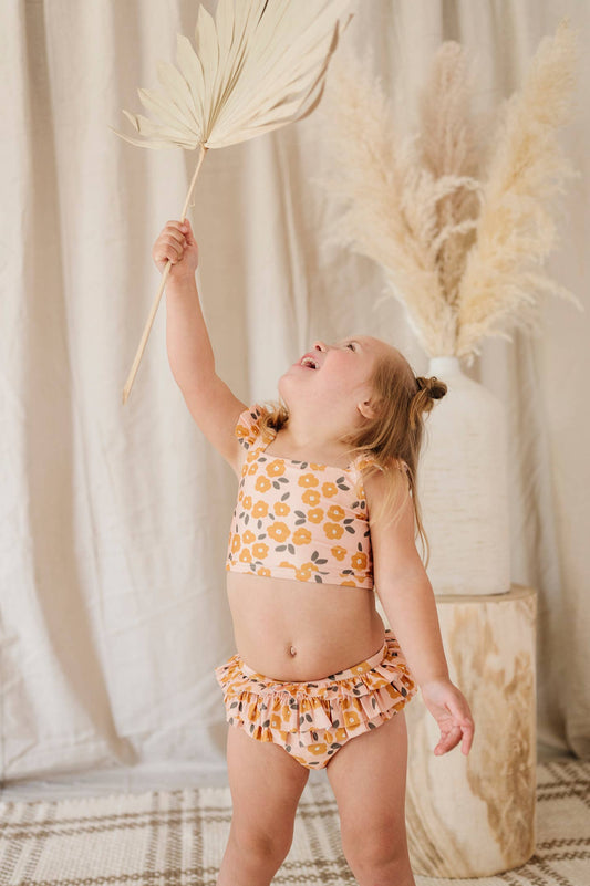 Girl's Two-Piece Ruffle Swim Set in Gold Floral