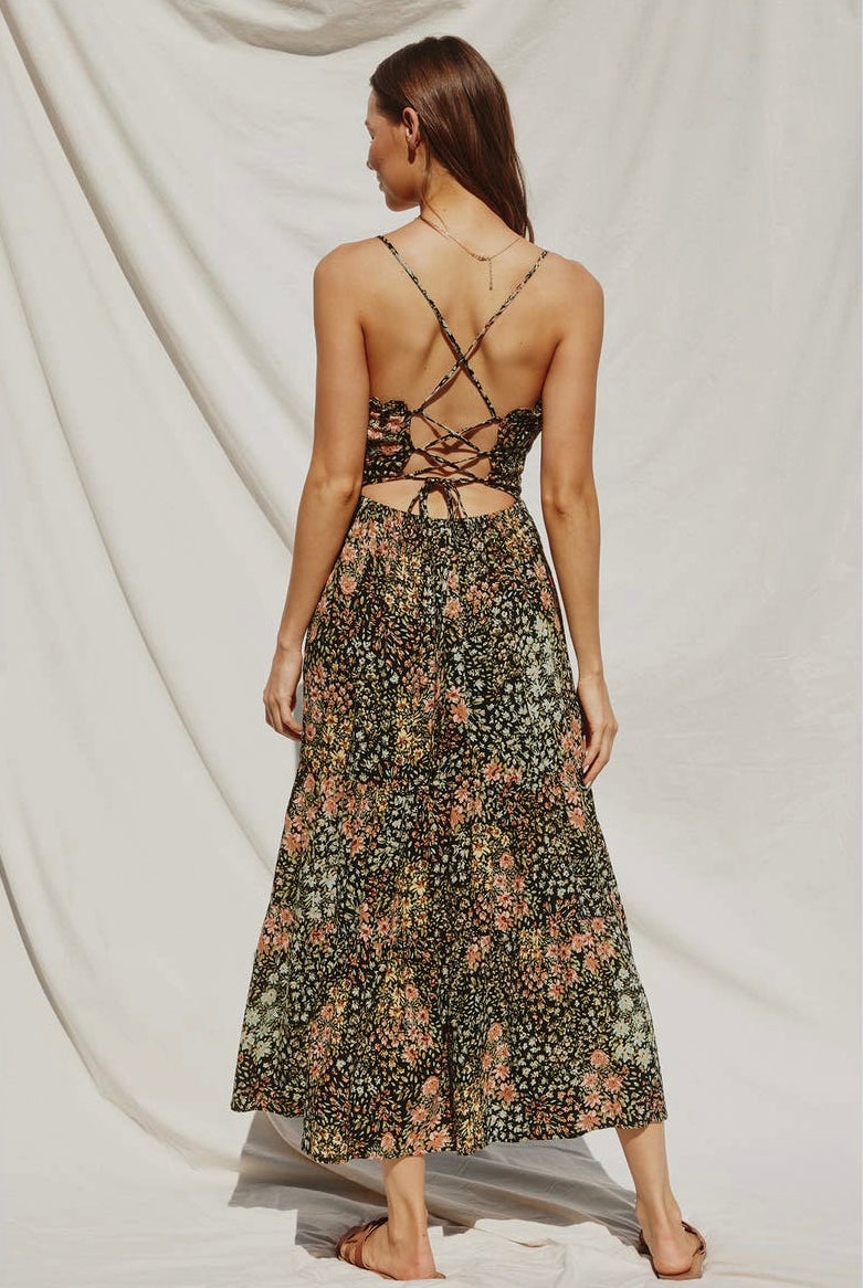 Printed Midi Length Dress with Tie Back