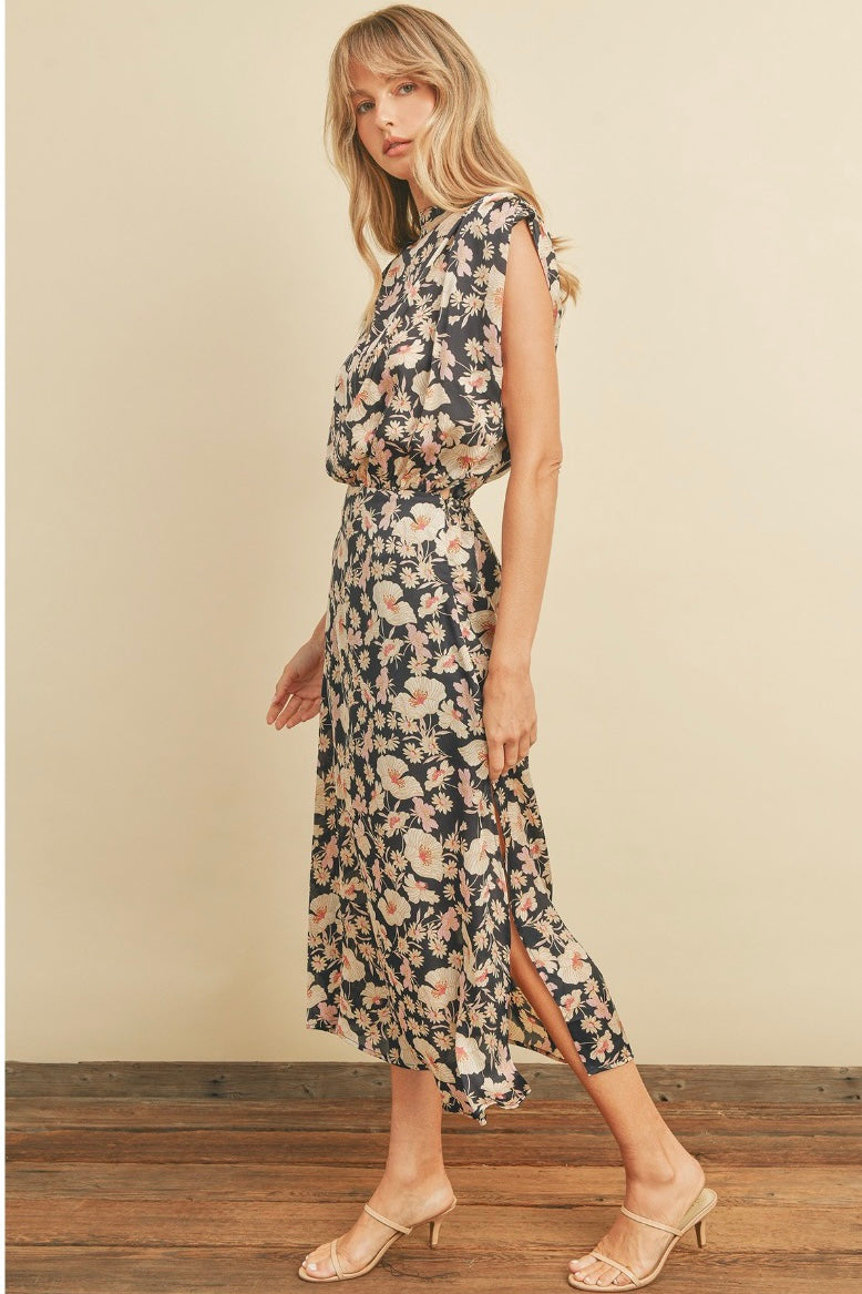 Floral Print Satin Midi Dress