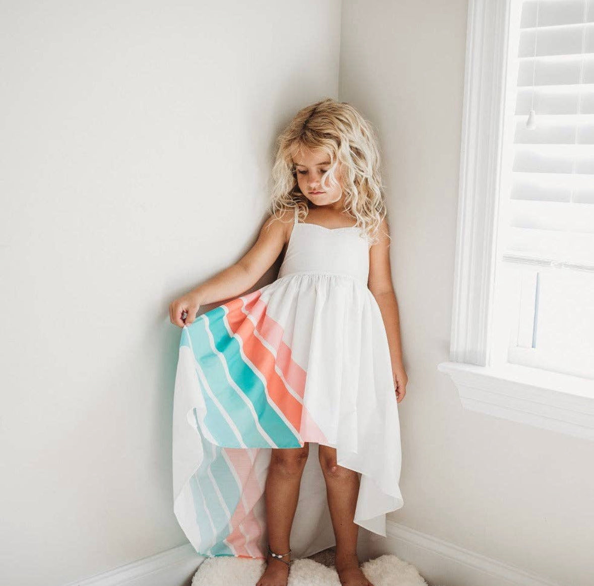 Oopsie Daisy “Teal Rainbow” Dress w/Hi-Lo Hem